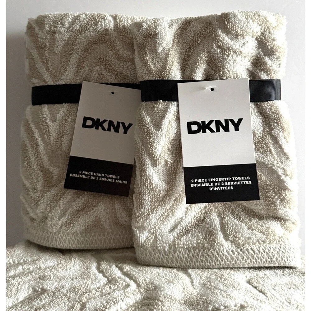 DKNY Zebra Striped 6 Pc Towel Set Beige White 2 Bath Towels 2 Hand 2 Fingertip